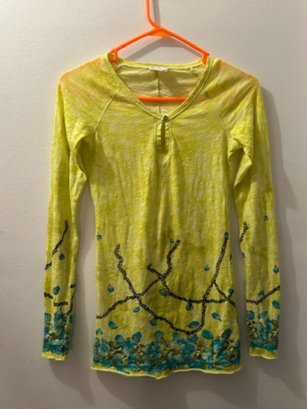 Free People Chartreuse Yellow Abstract Floral Chain Link Print Keyhole V Neck